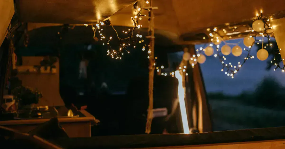 Cozy campervan interior with warm lighting powered by an off-grid solar system