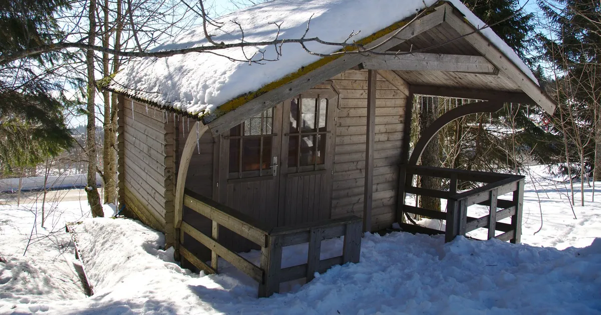 A small wooden cabin under snow among bare trees, where an unheated room is too cold for a propane fridge