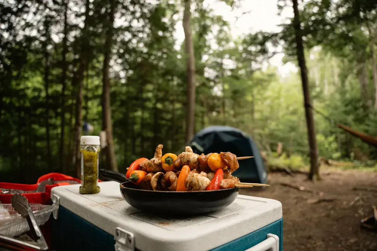 A portable 12V fridge serving as a prep surface beside a tent at a forest off-grid campsite