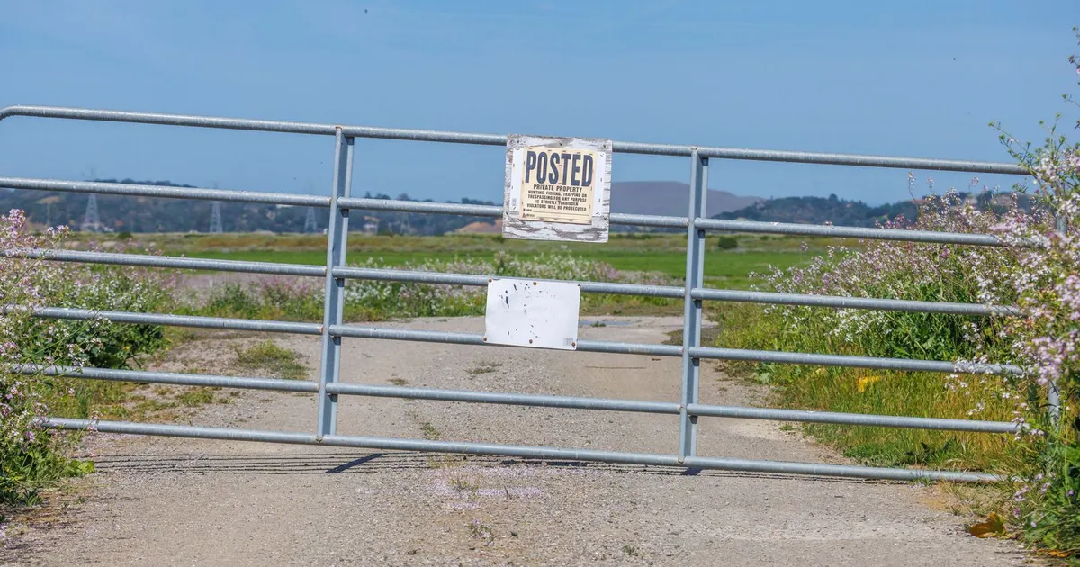 A metal farm gate with a posted sign across a dirt road through wildflowers