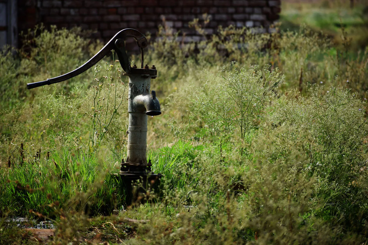 A vintage cast iron hand water pump standing in an overgrown field, the kind of manual pump homesteads relied on before grid power